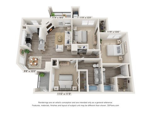 Floor plan for 3 beds, 2 baths, 1322 sqft